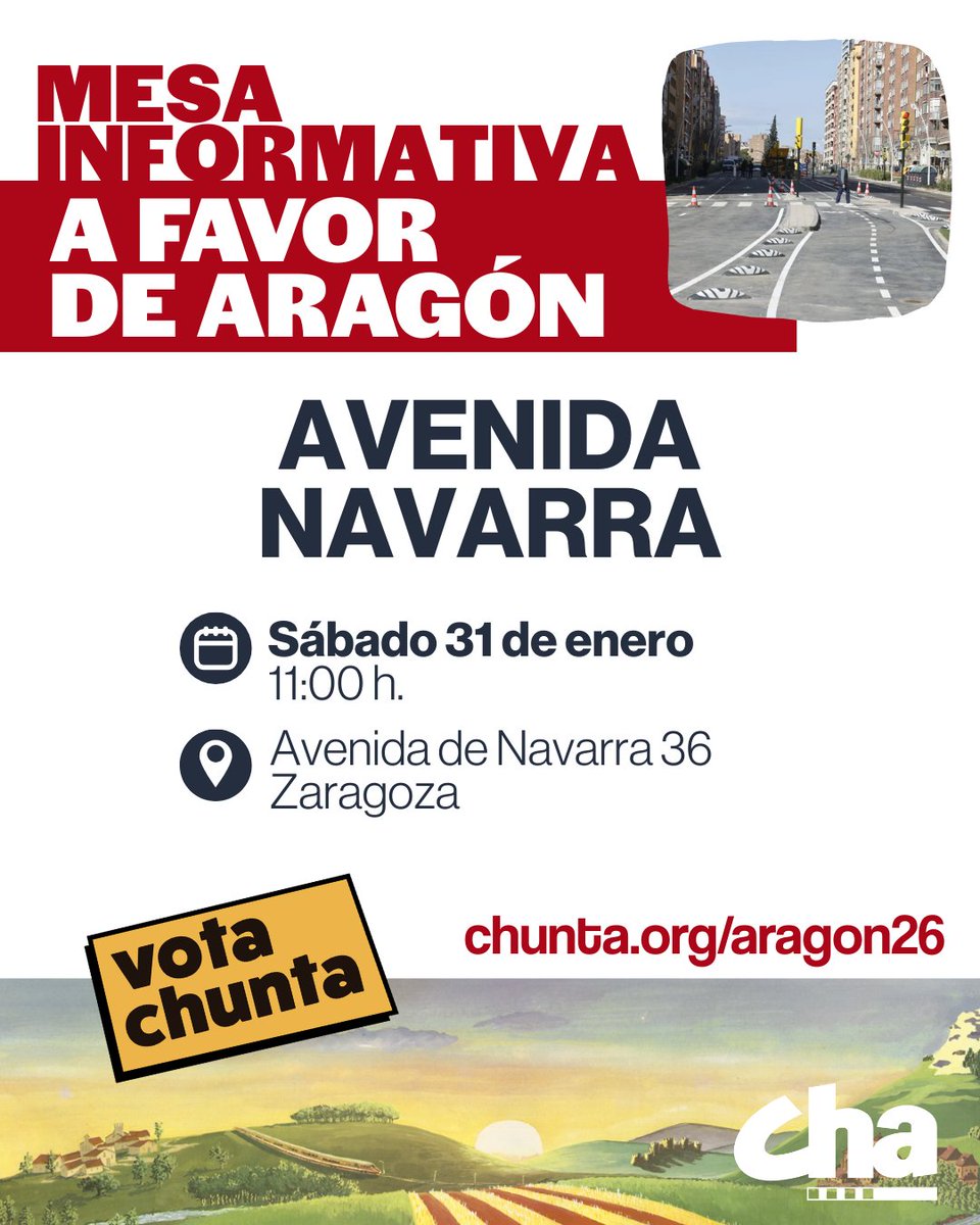 📢 Mañana tenemos una única mesa electoral en la ciudad, para seguir llevando nuestras propuestas #AFavorDeAragón a toda la ciudadanía.

📅 30.01.2026
🕦 11:30 h.
📍 Avenida de Navarra 36, Zaragoza