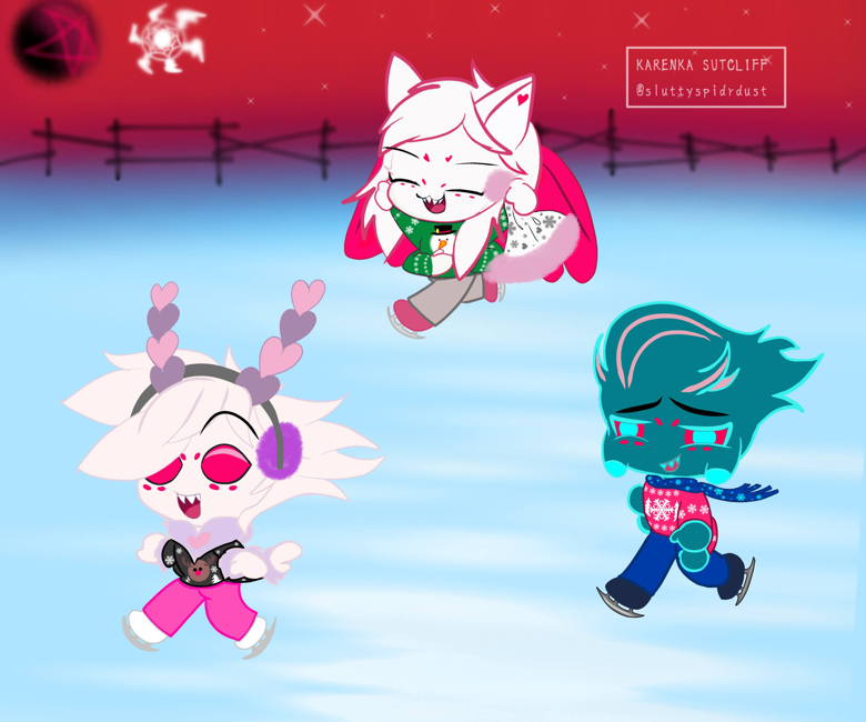 This is an old drawing, but I like it a lot.

Angel took his babies to Charlie's to have a good time, and Lucifer created an ice rink at the hotel.  

#valangel
#staticdust 
#huskerdust  

(I'll be posting on Blsky soon too)

<a href="/HVFankidWeek/">Hellaverse Fankid Week ❄️ HELL FROZE OVER</a> 

#HVFankidWeek #HellFrozeOver