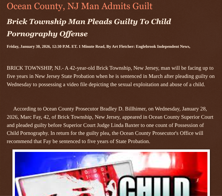 ArtFletcher9's tweet photo. Ocean County, NJ Man Admits Guilt https://t.co/2ZrPAQc5EL via @Englebrooknews #NewJersey #CrimeNews #Oceancountynj #bricknj #guiltyplea #possession #childpornography @wireless_step @HRG_Media @LodiNJNews @Fordmb1953 @SarahGeving1 @Shannon96574094 @Daytobehappy @janninereid1 @gator4kb18 @MichelleF_35 @TrumpWasRite2 @KathyKbrose @RobGerundo @JimBobW49