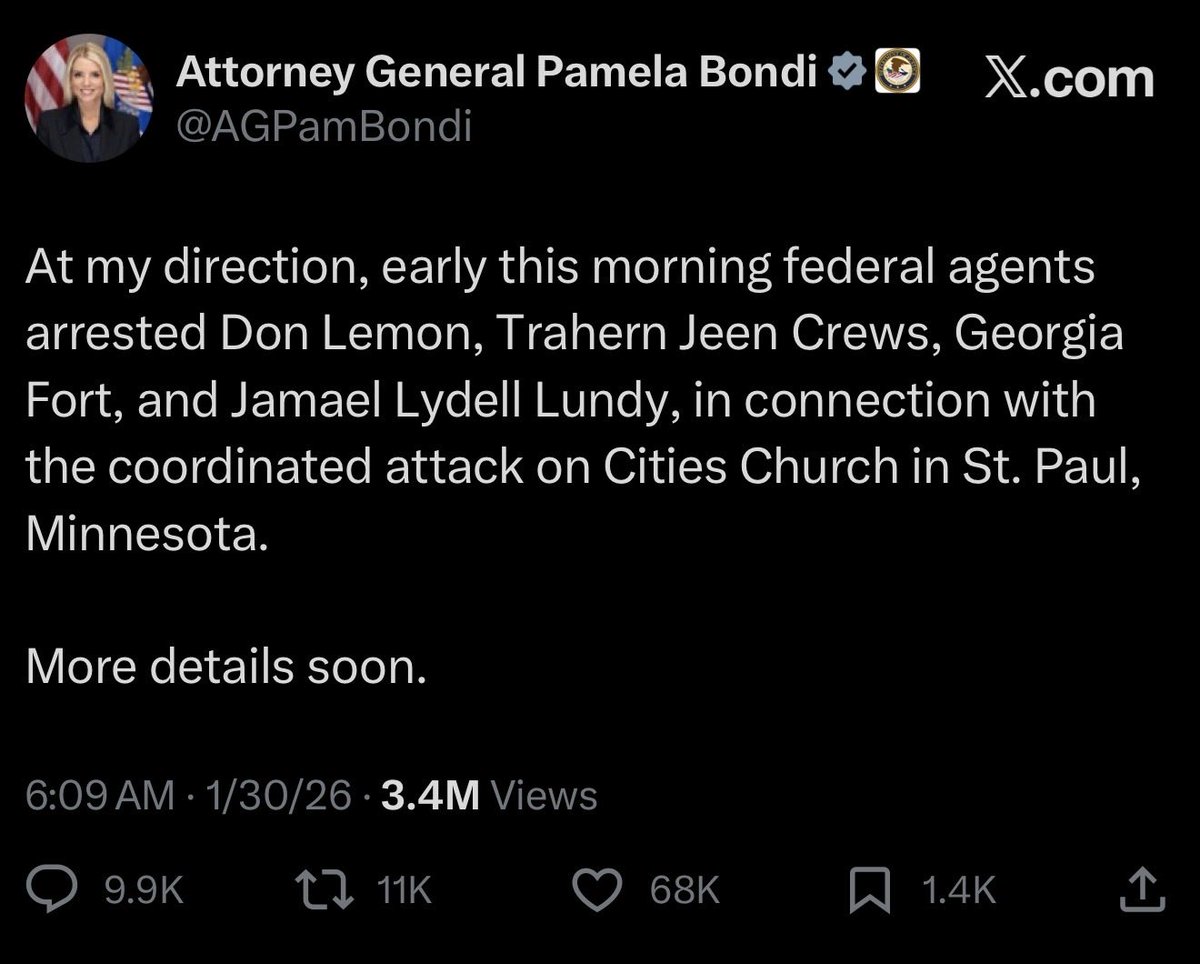 WallStreetApes's tweet image. The story of Don Lemon

- He storms a Minnesota church with ICE rioters telling the preacher the have the right
- He celebrates children fleeing out the back, bragging they’re ‘uncomfortable’
- Assistant AG says she’ll arrest him for this
- AG Pam Bondi announces he’s arrested