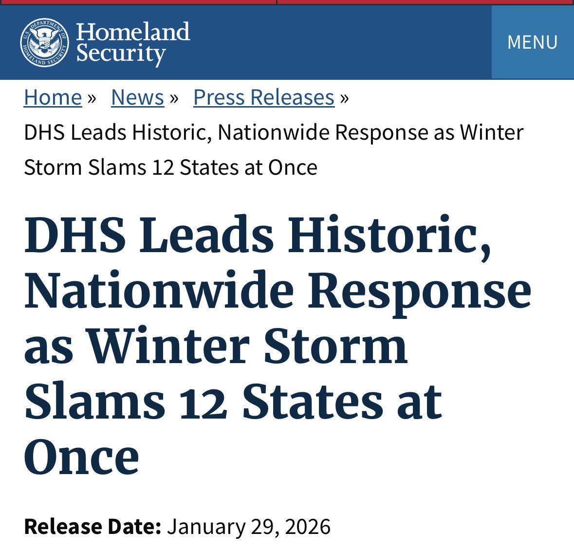 An interesting choice of words for an agency that is simultaneously hollowing out the very capabilities required to lead anything nationwide.

You don’t get to take a victory lap while dismantling the engine.

dhs.gov/news/2026/01/2…