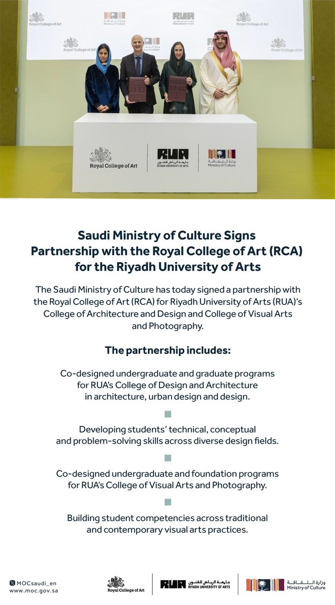 mocsaudi_en's tweet photo. The #SaudiMinistryOfCulture signed a partnership with @RCA for #RiyadhUniversityofArts (RUA) during the @dca_biennale to further develop cultural and artistic talent and drive cultural exchange for RUA’s College of Architecture and Design and College of Visual Arts and Photography.