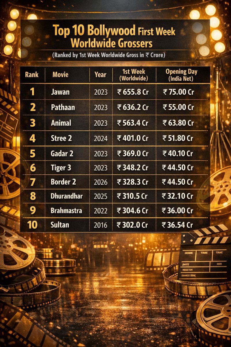 subgquiz's tweet photo. Last Top 10 Bollywood First Week Worldwide Grossers #Top10 #FirstWeek #BoxOffice #Movies #Worldwide #Bollywood #Border2 https://t.co/JXCrhkPeYK