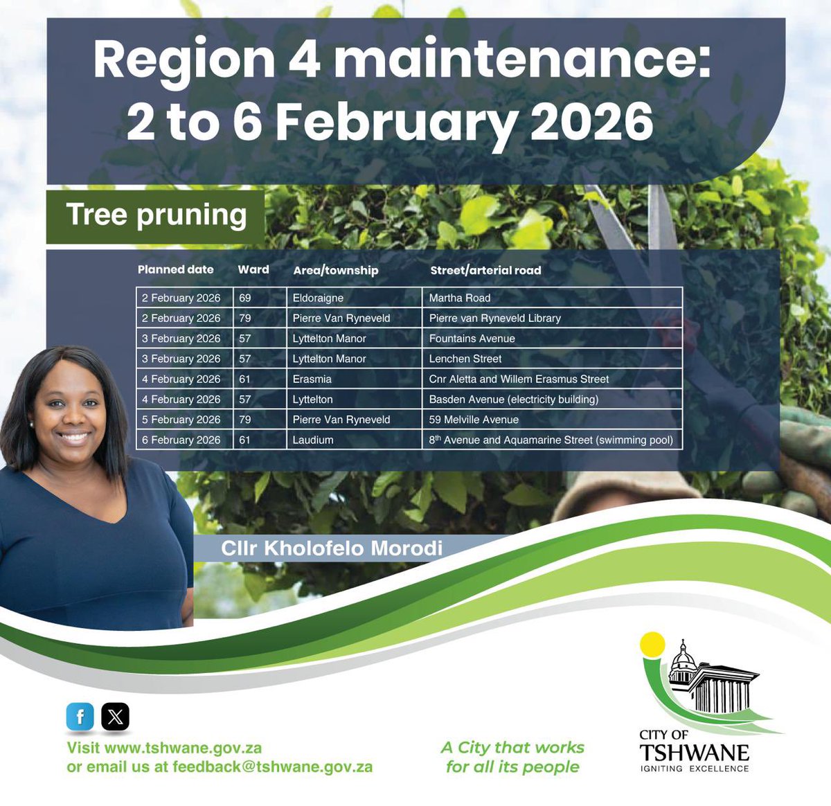 kholofeloMorodi's tweet image. 📢 @CityTshwane Region 4 Service Delivery Update:
Next week we’re rolling out:
🌱 Grass cutting
🌳 Tree pruning
💧 Stormwater maintenance
🛣️ Pothole repairs

Together, we’re keeping our communities clean, safe &amp;amp; dignified. #Region4 #ServiceDeliveryChampions