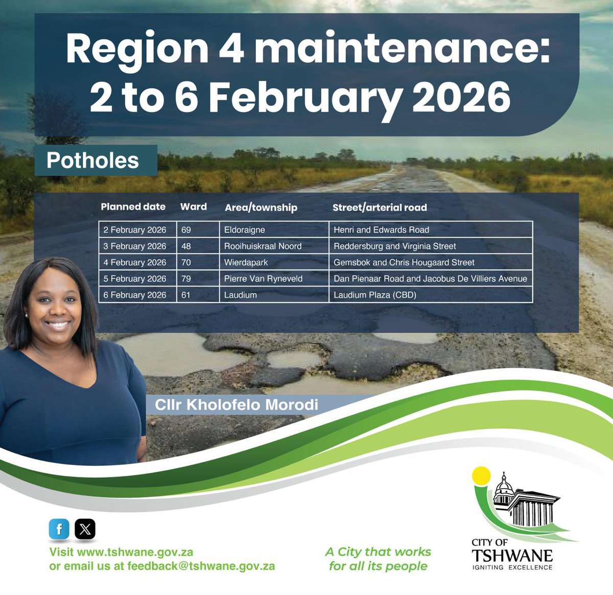 kholofeloMorodi's tweet image. 📢 @CityTshwane Region 4 Service Delivery Update:
Next week we’re rolling out:
🌱 Grass cutting
🌳 Tree pruning
💧 Stormwater maintenance
🛣️ Pothole repairs

Together, we’re keeping our communities clean, safe &amp;amp; dignified. #Region4 #ServiceDeliveryChampions
