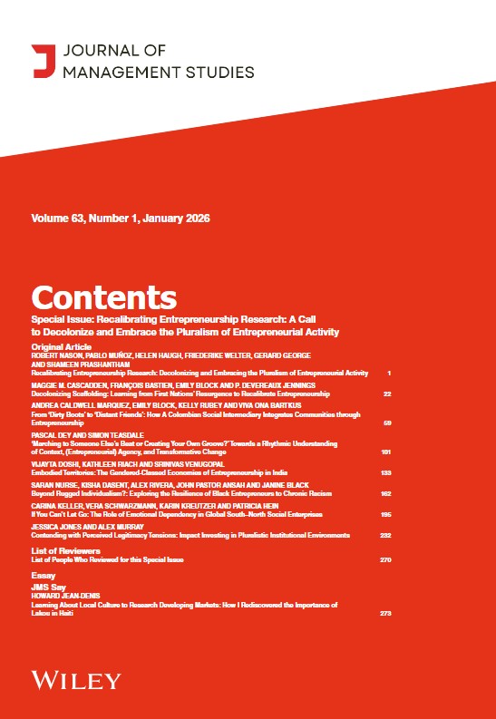 JMS_Journal's tweet photo. 📢 New Issue Alert | Special Issue: Recalibrating Entrepreneurship Research: A Call to Decolonize and Embrace the Pluralism of Entrepreneurial Activity

Journal of Management Studies | Vol. 63, Issue 1 | January 2026

🔗 https://t.co/Rp8AKAsoae

#JMS #JMS_Journal #SpecialIssue https://t.co/Sefole2fbB