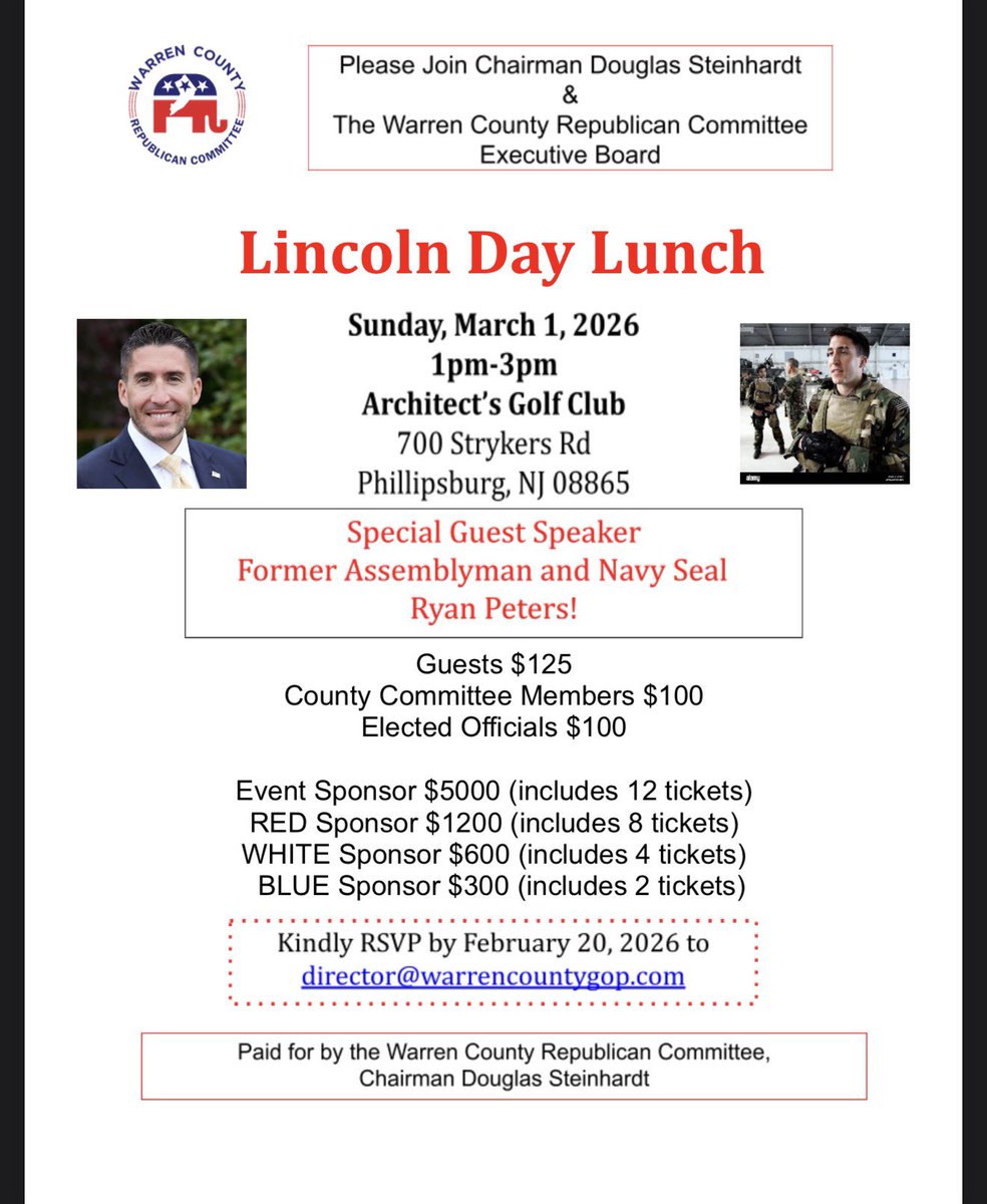 Our annual Lincoln Day lunch has been scheduled and we have our special guest speaker, former Assemblyman and Navy Seal Ryan Peters joining us! 

RSVP to us if you plan on joining us for this great event.