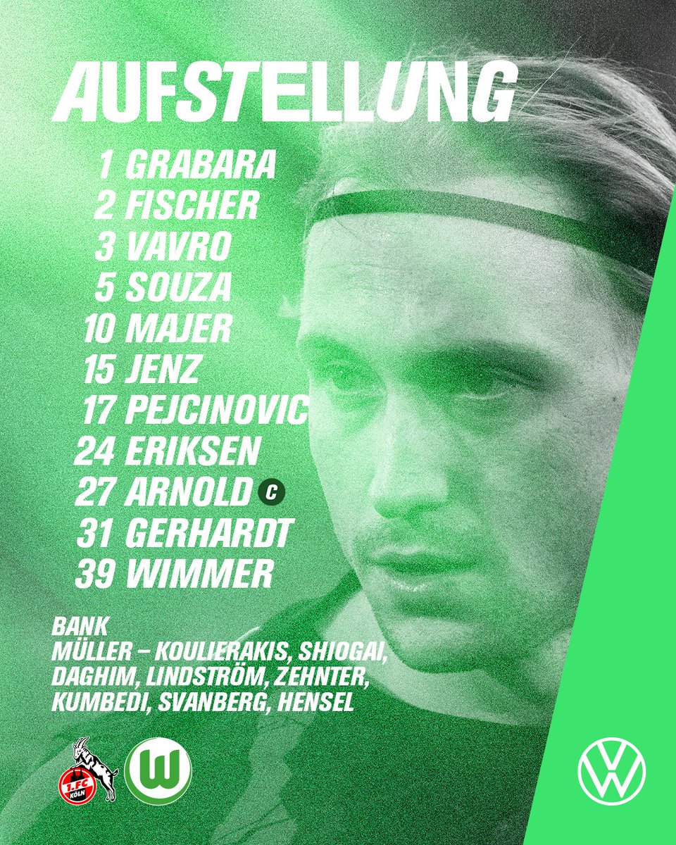 VfL_Wolfsburg's tweet photo. Mit dieser Elf gehen wir ins Spiel! 🟢⚪️

#KOEWOB https://t.co/DK7RuBCuiz