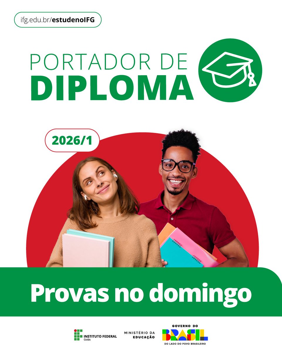 Os candidatos portadores de diploma que concorrem à seleção 2026/1 para cursos de graduação vão fazer prova de redação, no domingo, 1º de fevereiro.
Cada um deve checar seu local de prova. Os portões serão abertos às 14 h e fechados às 14h45.
Saiba mais: ifg.edu.br/component/cont…