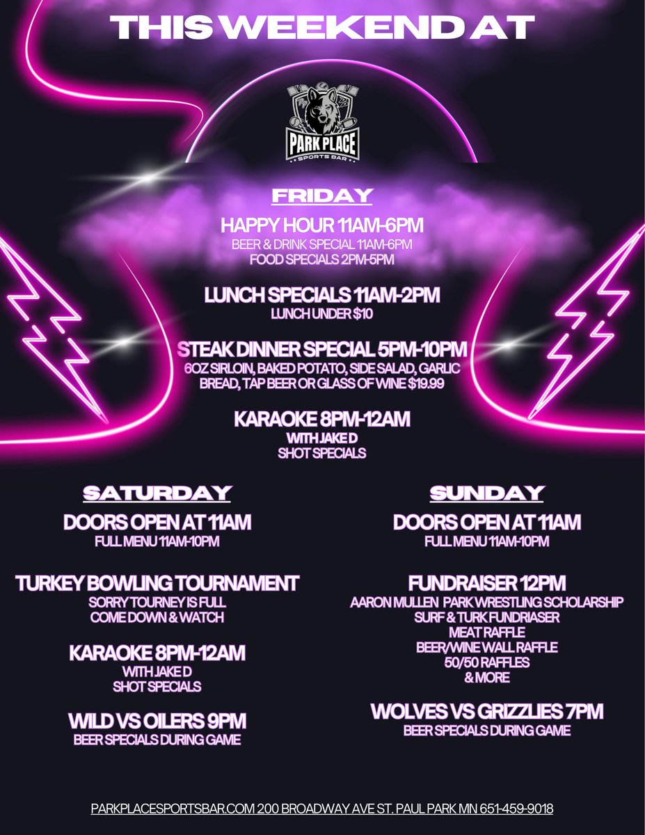 ParkPlace2's tweet photo. Come hang out in the Park this weekend! Check out what's going on at Park Place Sports Bar in St. Paul Park. #karaoke #foodspecials #beerspecials #drinkspecials #wildhockey #wolvesbasketball #turkeybowlingonice https://t.co/YpGbJe8tbz