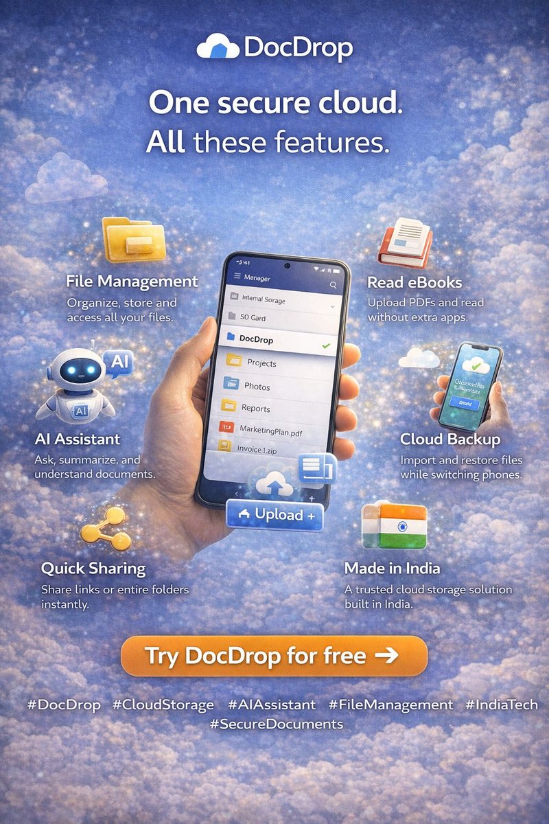 docdropin's tweet photo. One secure cloud. Everything you need.

Store files.
Organize folders.
Ask AI questions.
Back up your data.

All in one place — DocDrop.

☁️ Cloud file manager
🤖 AI assistant for documents
📚 Read PDFs &amp; eBooks
🔐 Secure backups &amp; privacy-first
🇮🇳 Built in India https://t.co/4yjdbmxxZ6