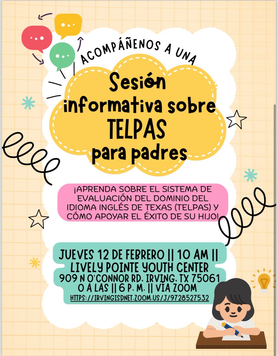 PFE_IISD's tweet photo. *RESCHEDULED*
Irving ISD families, join us for a TELPAS Information Session! 😊
🗓 Thursday, February 12th
⏰ 10 AM in person at Lively Pointe
💻 6 PM via Zoom: https://t.co/Zdihlk9v8a 

@iisdbil_esl ⭐️ https://t.co/Nk7bwxOoBm