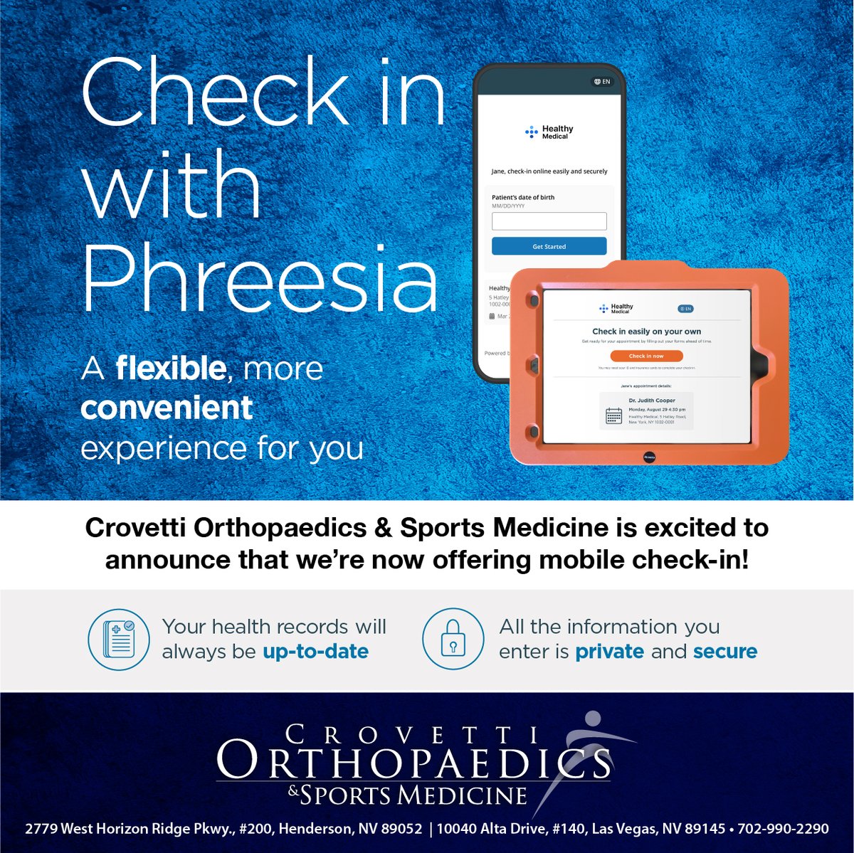 Skip the paperwork! We offer mobile check-in with Phreesia: secure, simple, and convenient.

✔️ Check in ahead of time
✔️ Private &amp; secure
✔️ Up-to-date health records

Patient-first care, made easier. #CrovettiOrtho #PatientCare #MobileCheckIn #Orthopaedics #LasVegasNV