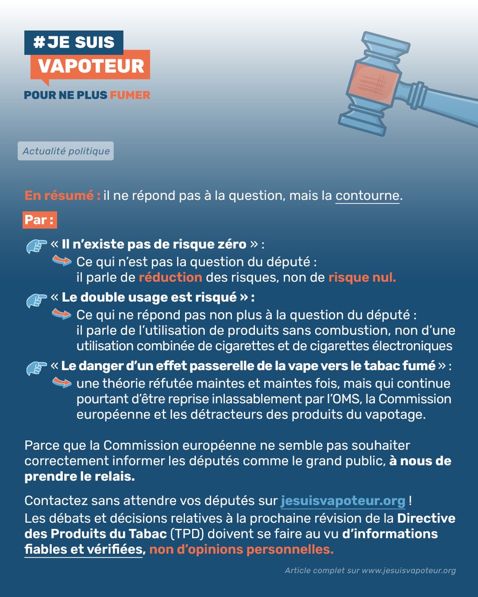 Lundi 19 janvier 2026, le commissaire européen à la Santé a récidivé : en réponse à un député européen, il a enchaîné les désinformations autour des produits de vapotage. Niant totalement leur moindre risque pourtant établi par la Science.

On précise (car c'est important) : ici,