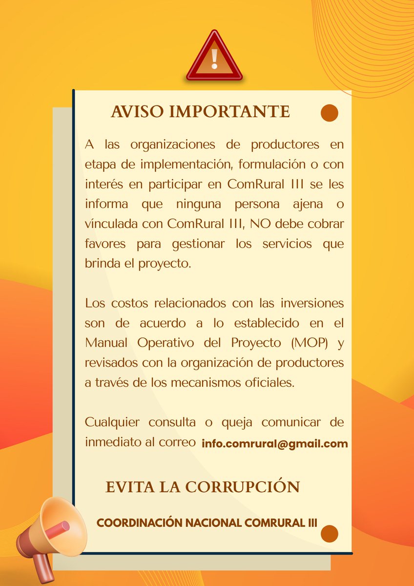 ComRural informa a todas las organizaciones de productores rurales que no se cobra por ninguna gestión relacionada con los servicios que brinda el proyecto.