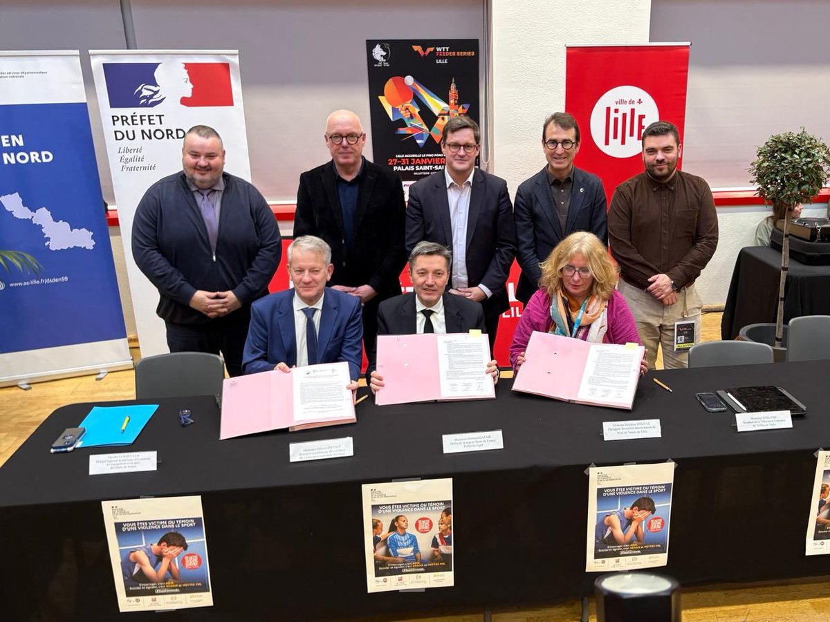 Dsden59's tweet photo. Après l’escrime et les sports de glace, signature de la convention dédiée à la lutte contre les violences sexistes et sexuelles avec le comité départemental de tennis de table.
🤝Engagement commun de la #DSDEN 59, @prefet59 et du CDTTN.
🎯#Prévention #sensibilisation #protection https://t.co/p08LOp52EW