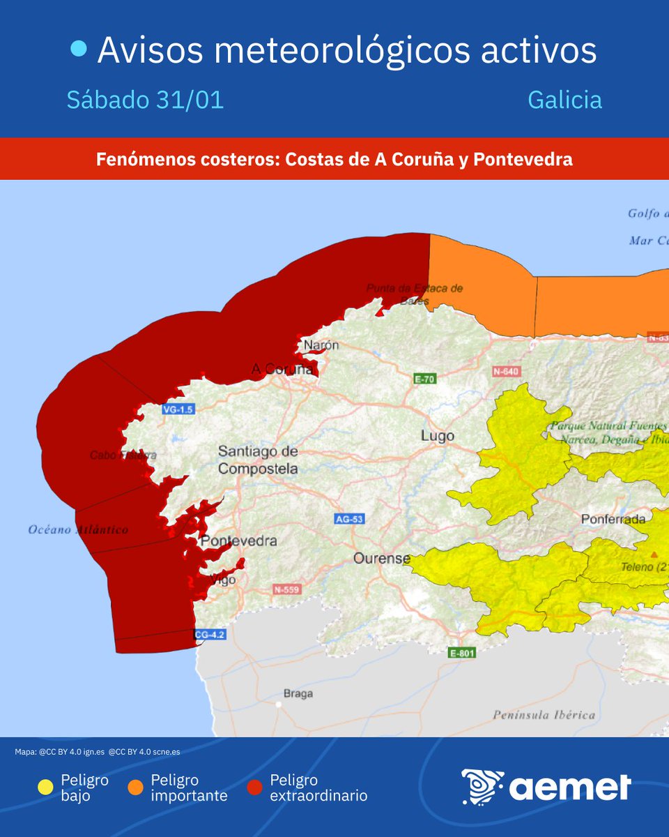 ⚠️🔴 AVISO ROJO | Temporal marítimo en las costas de A Coruña y Pontevedra.

➡️ Durante la tarde y noche del viernes y la madrugada del sábado las olas podrá superar los 9 metros, con vientos muy fuertes.

🚧 ¡No te acerques a la primera línea de costa! ¡Es muy peligroso!