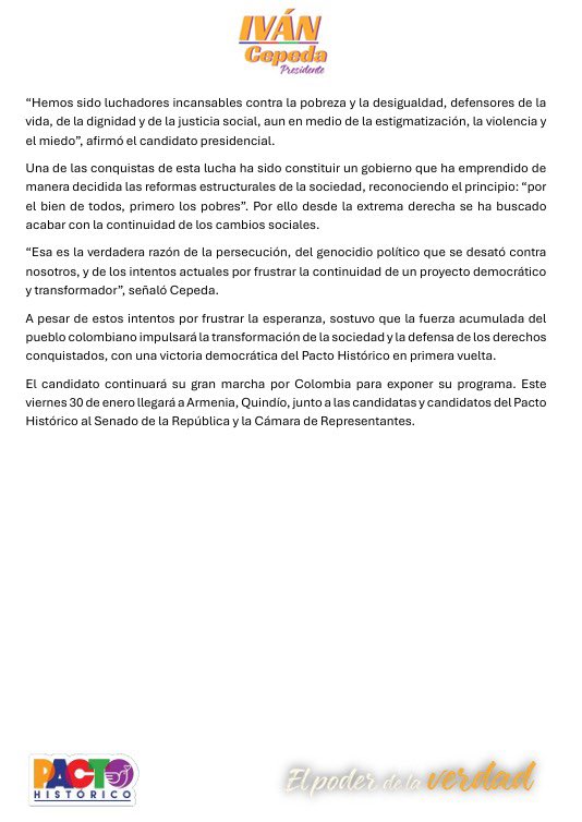 *Iván Cepeda expone en Ibagué los motivos detrás de los ataques a su campaña: “Los cambios que hemos logrado*

Ante el pueblo del Tolima, el candidato presidencial Iván Cepeda afirmó que la persecución histórica emprendida contra los movimientos sociales y populares, y ahora su