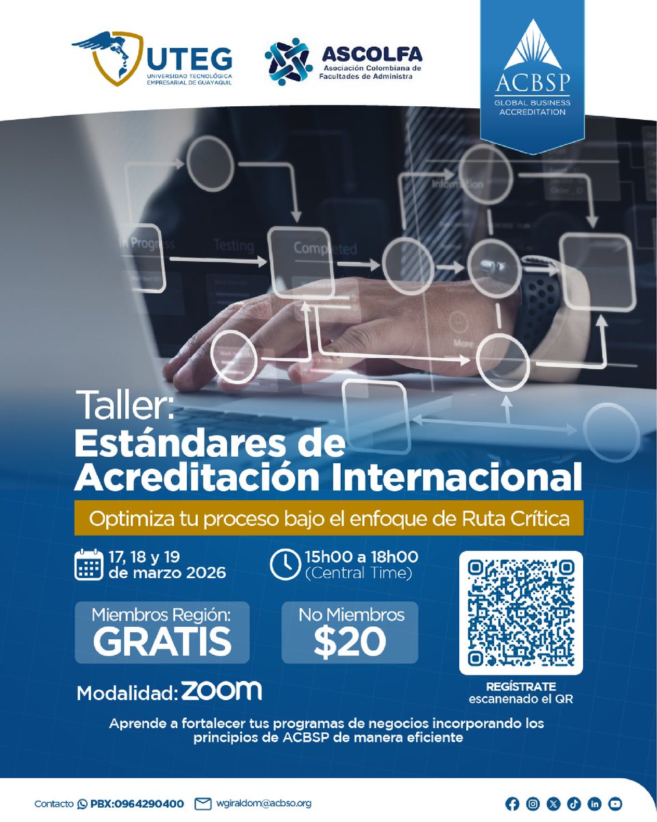🎓Invitamos al Taller Ruta Crítica de Acreditación Internacional de ACBSP

📅 17 – 19 marzo 2026 | ⏰ 2:00 – 5:00 p. m. (COL)
💻 Modalidad virtual (Zoom)
📝 Inscripción: bit.ly/45G3LCr

Sin costo para miembros región 9 ACBSP y Afiliados ASCOLFA.

#AscolfaSomosTodos🇨🇴