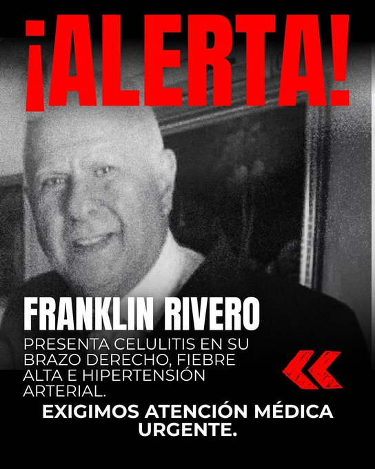 ReporteYa's tweet photo. #30Ene #Venezuela #DDHH #PresosPolíticos
El Comité de Derechos Humanos de Vente Venezuela alertó que Franklin Rivero, preso político de 64 años recluido en Yare II, presenta una grave infección, fiebre e hipertensión, por lo que requiere atención médica urgente ante el deterioro de su salud.