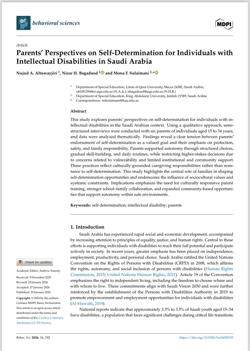 Njood_tu's tweet photo. يسعدني مشاركتكم نشر ورقتي العلمية في Behavioral Sciences (MDPI). 

والتي ناقشت وجهات نظر الوالدين حول مهارات تقرير المصير للأشخاص ذوي الإعاقة الفكرية. مع إبراز دور وتأثير كل من الجوانب المجتمعية والتعليمية.

كل الشكر لمشرفي القدير @Dr_Nizar_ على دعمه.

https://t.co/W6Y9B8SKR2 https://t.co/kA1B8mK8xo