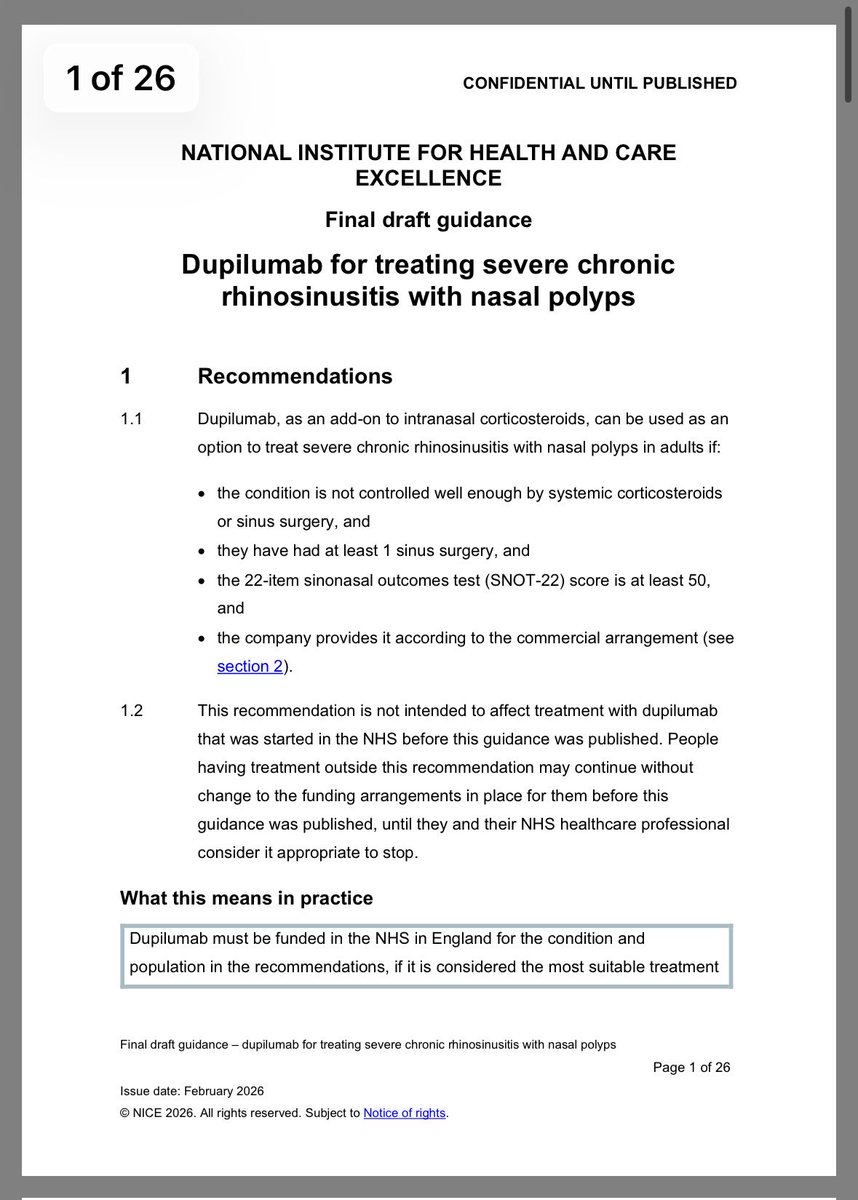 SnotSurgeon's tweet photo. Great news for patients with severe nasal polyps in England and Wales as NICE have released draft guidance to approve NHS funding for use of dupilumab. It will likely be life changing for many patients. Absolutely delighted to be able to see this through from trials to treatment. https://t.co/gLHBKkkQuR