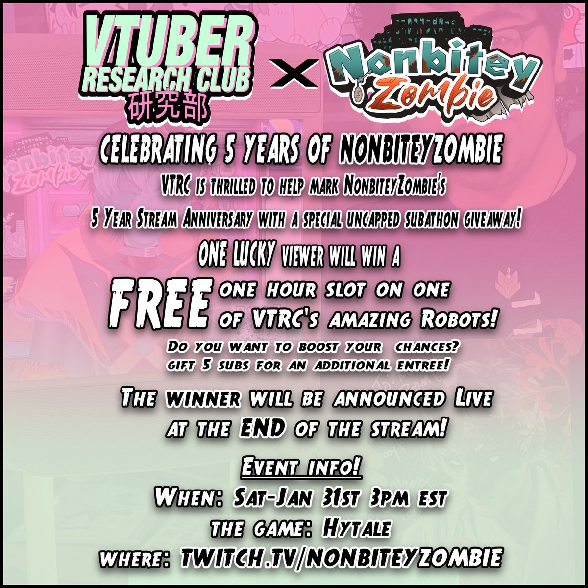 Hello Everyone! With My Anniversary Subathon tomorrow I have cool news! I've teamed up with <a href="/The_VTRC/">VTuber Research Club</a> to do a giveaway!

We are giving away a free slot for 1 hour on 1 of their awesome robots at an upcoming con! To enter you just have to be at the stream tomorrow! See you there!