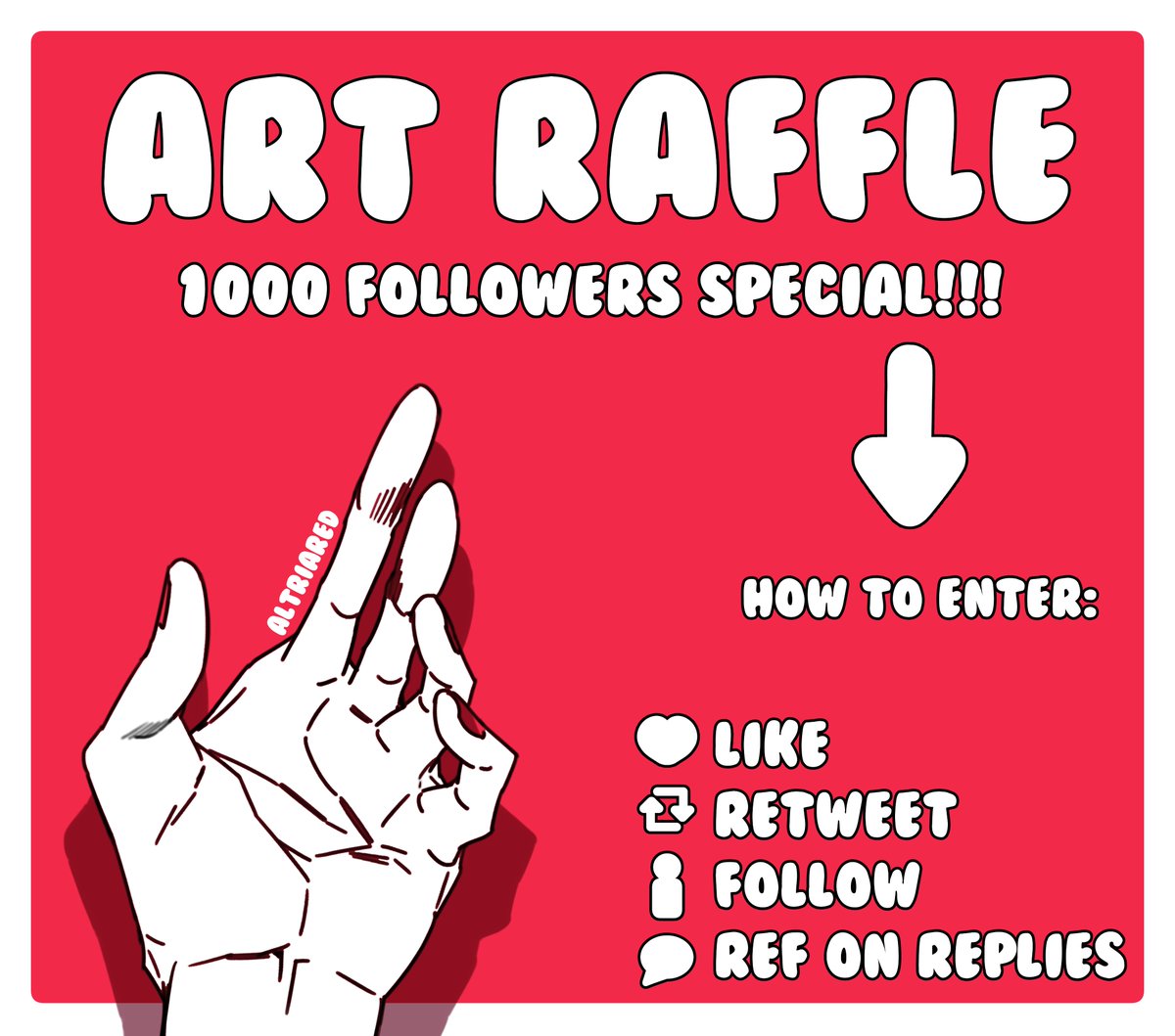 🔴1K Special Art Raffle! 🔴
Thank you all for the support and helping me reach this milestone! Love you all 💖

● The winners will receive a full rendered art!
● Deadline to enter by May 11th (My birthday 🍰)
● Good luck!✨