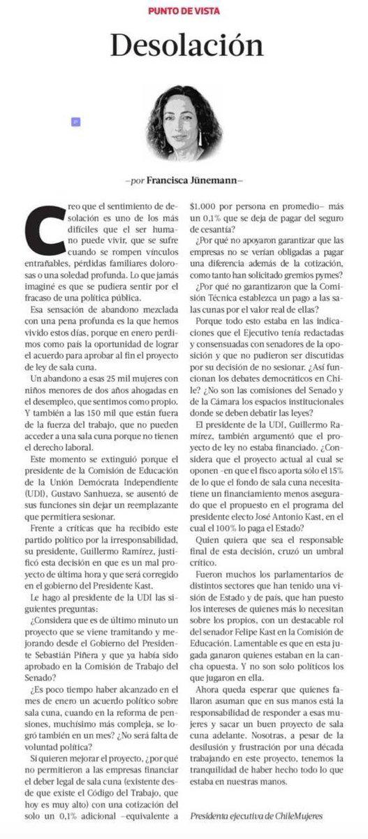 Les invito a leer esta columna de Francisca Jünemann, Presidenta ejecutiva de ChileMujeres, sobre el proyecto de Sala Cuna, donde explica cómo la UDI lo trancó (un senador se fue de Chile sin dejar reemplazo) y hace preguntas precisas.

Todavía podemos sacarlo adelante en marzo.