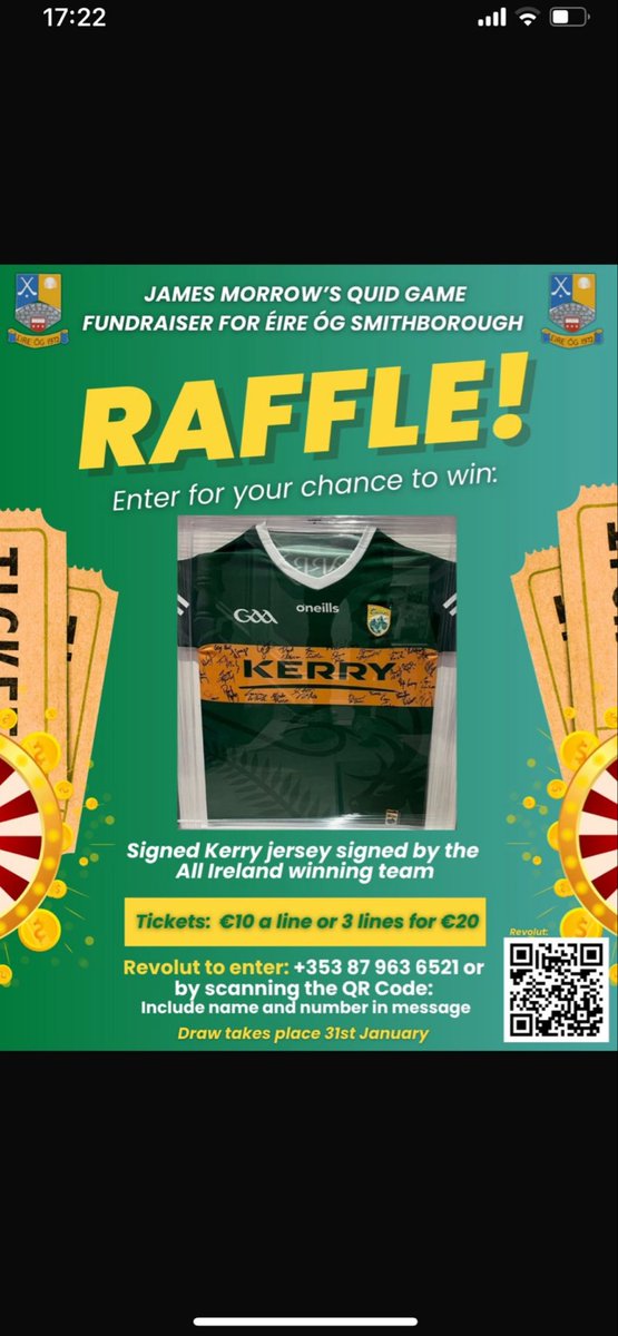 Fancy winning a <a href="/Kerry_Official/">Kerry GAA</a> All Ireland winning Jersey for only €10?

With less than 24hours till the draw get your chance now by clicking on the link.

 #KerryGAA 
#GAA 

revolut.me/james70h