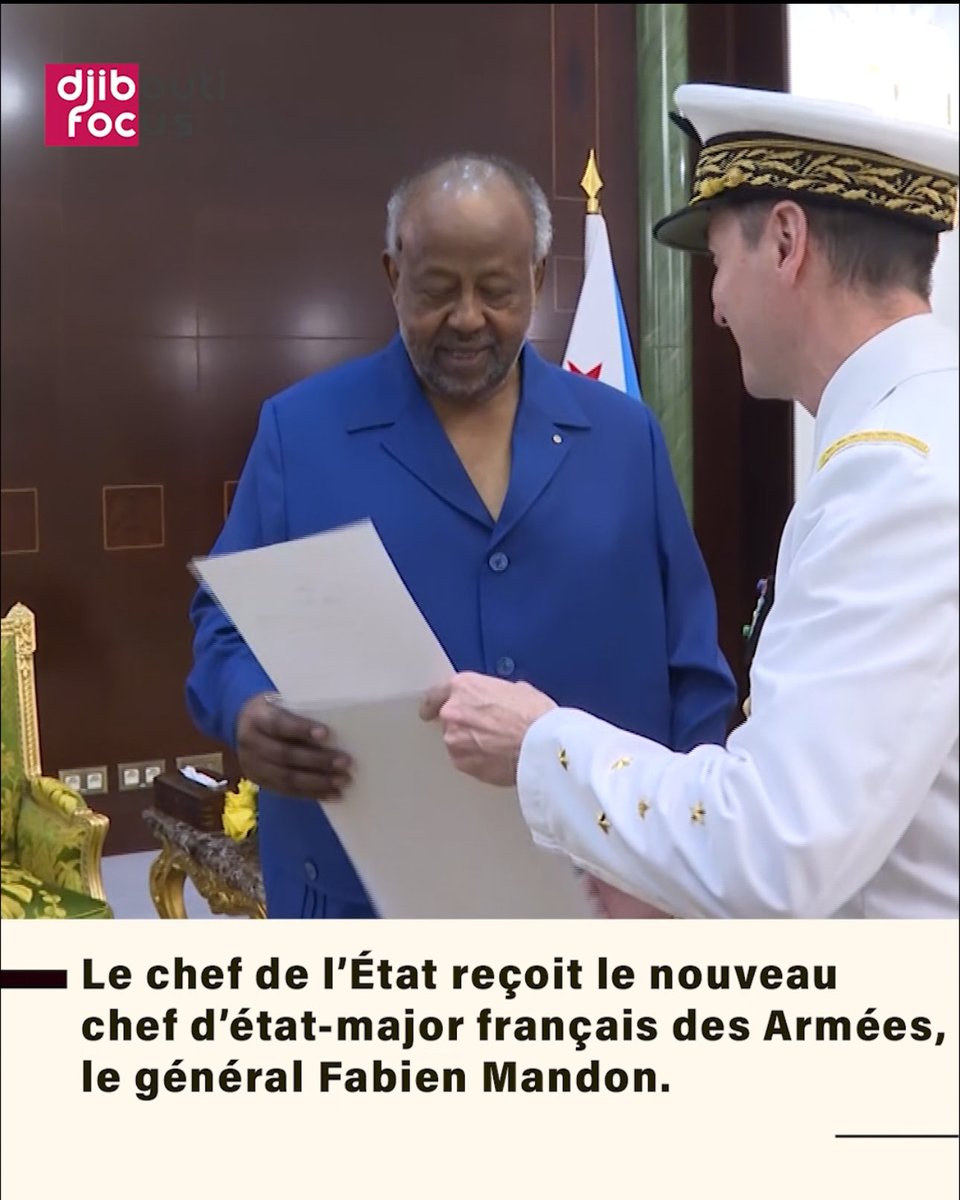 Le président de la République, Son Excellence M. <a href="/IsmailOguelleh/">Ismail Omar Guelleh</a>, a reçu hier le nouveau chef d’état-major des armées françaises, le général Fabien Mandon. #Djibouti #France <a href="/CEMA_FR/">Chef d'état-major des armées</a>