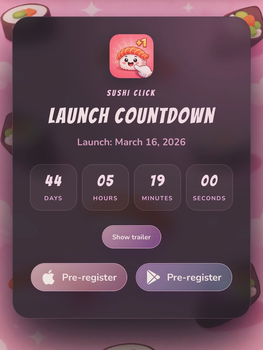 ForcelGames's tweet photo. 🍣 Sushi Click
⏳ Countdown started
📅 March 16, 2026

👉 Pre-register now (https://t.co/hnqtZOEBNe)

If you can, registering helps us a lot 💜

#SushiClick #IndieGame #ClickerGame
#ForcelGames #Sushi #NewGame https://t.co/DcNT9mbP6i