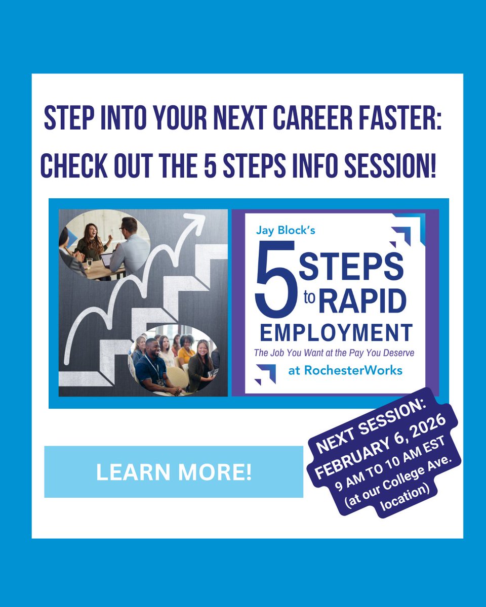 RochesterWorks's tweet image. ONE WEEK FROM TODAY! Attend our hour-long 5 Steps to Rapid Employment Info Session on February 6th at 9 AM to see if the 5 Steps program is a good fit for you!

Register here: 5SIS.eventbrite.com

#5Steps #GetHired #CareerPlan #RapidEmployment