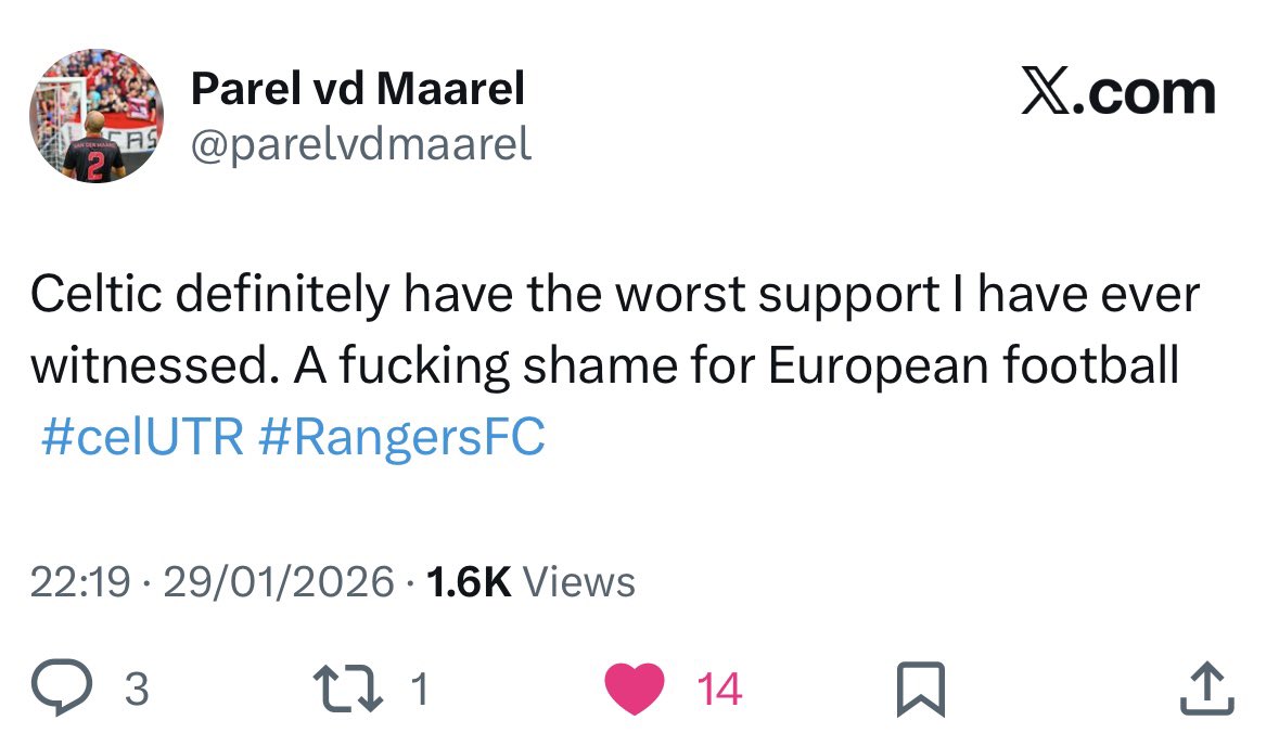 The Parkhead atmosphere myth. Utrecht fans joined a long list of clubs slating the atmosphere in the last few years. A real blow to the ego.