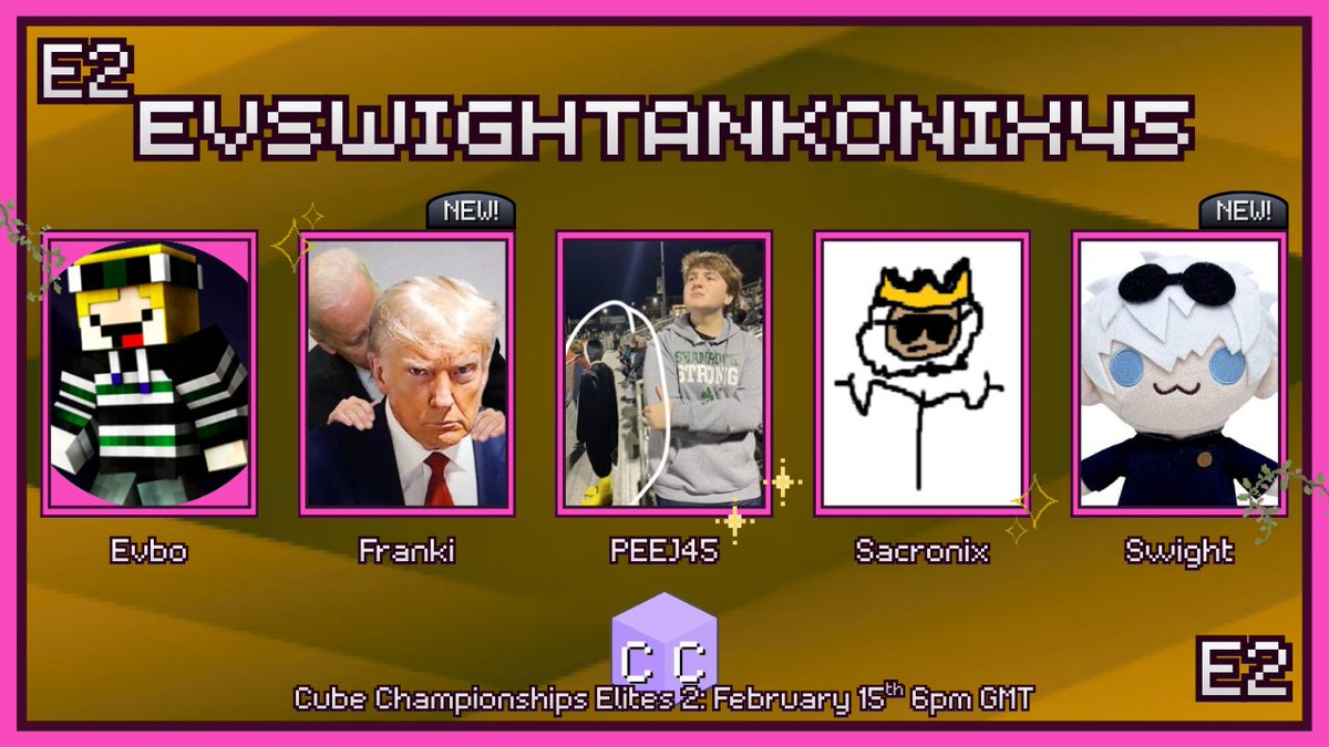 Very imaginative name. Very.

Announcing "Evswightankonix45" for Cube Championships Elites 2!

<a href="/EvboYT/">Evbo</a> 
frankisfrankis
<a href="/PEEJ_LIVE/">PEEJ45</a> 
<a href="/SacronixTV/">SacronixTV</a> 
<a href="/ignswight/">Swight</a> 

Watch them in Cube Championships Elites 2 on February 15th at 6pm GMT!
