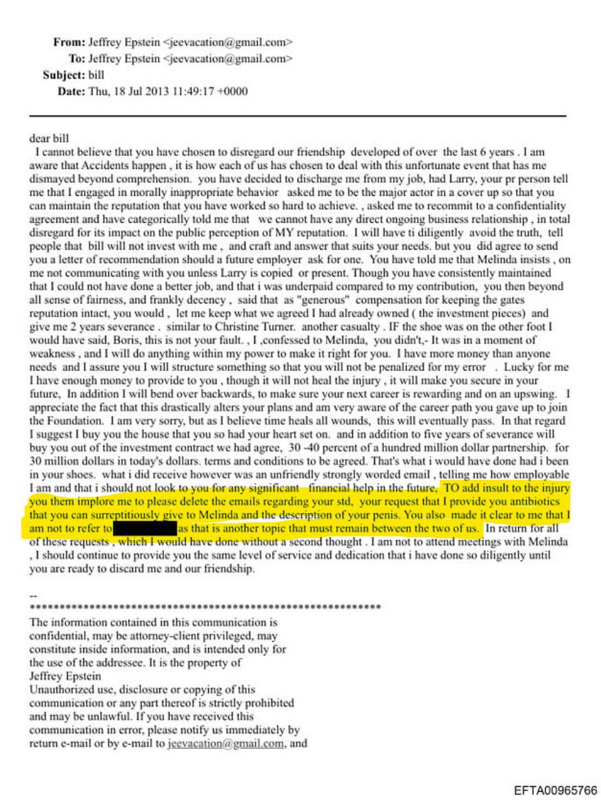 Breaking911's tweet image. Newly released Epstein files allege Bill Gates asked Jeffrey Epstein for “antibiotics” for his wife, Melinda, with the documents claiming it followed an STD he reportedly contracted from “Russian girls.”