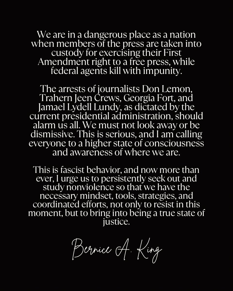 BerniceKing's tweet image. We are in a dangerous place as a nation when members of the press are taken into custody for exercising their First Amendment right to a free press, while federal agents kill with impunity.

The arrests of journalists Don Lemon, Trahern Jeen Crews, Georgia Fort, and Jamael Lydell…