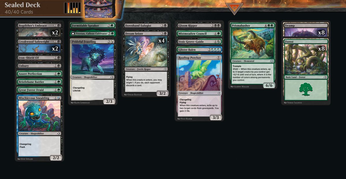 MatteoCiri80's tweet photo. It's sealed deck time! Won a box at the new Arena Direct event on the first attempt. My deck looks very strong to me. What do you think? The ECL power level seems lower than it's been recently, and this makes the sealed deck format much more interesting imho. #mtga #ArenaDirect https://t.co/ApQKm14bXq