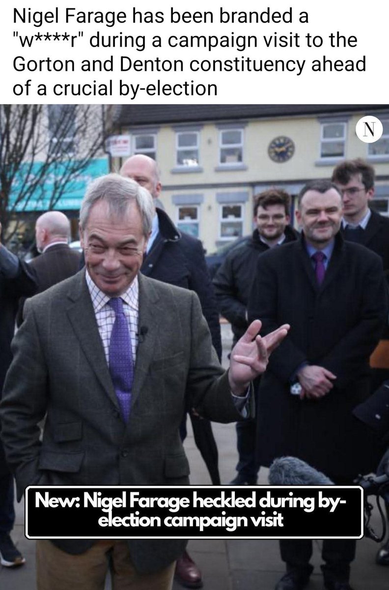 🚨Farage was met with shouts of "Farage is wanker" and "wanker, wanker. wanker" when he walked through Denton.

Please don't repost as Matt Goodwin gets very angry if you do