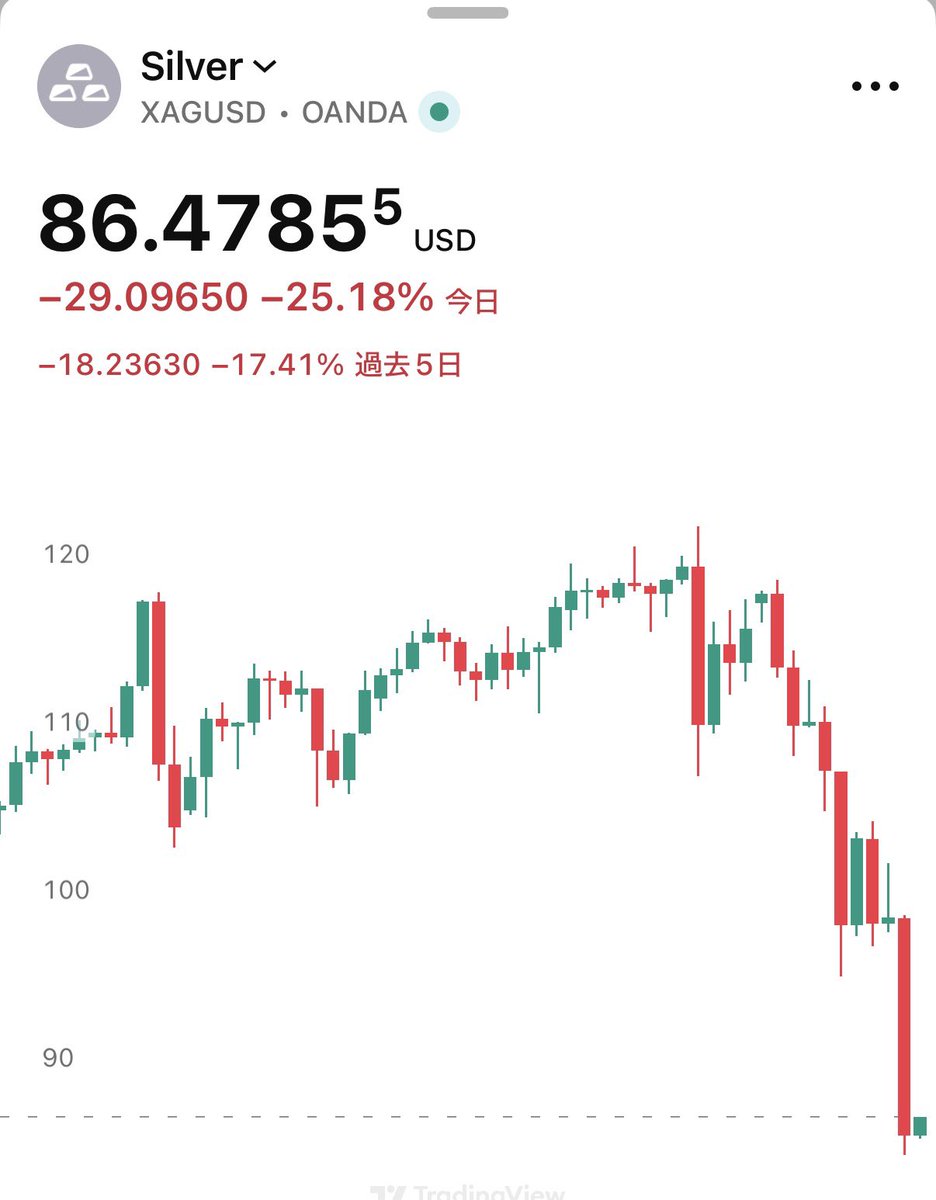 速報】銀の現物価格が、過去最悪の1日下落となる見通し - 金の現物価格も10%下落、数十年で最大の急落