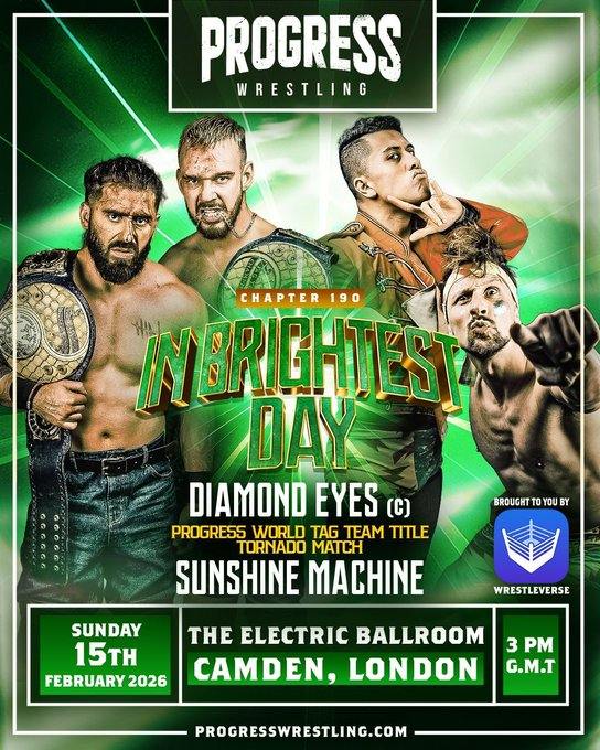 MondeDuCatch's tweet image. La @ThisIs_Progress a annoncé un match pour le show du 15/02 , #Chapter190 #InBrightestDay.

The PROGRESS World Tag Team Championships dans un Tag Team Tornado.

Diamond Eyes (Connor Mills &amp;amp; Nico Angelo) v Sunshine Machine (Chuck Mambo &amp;amp; TK Cooper)