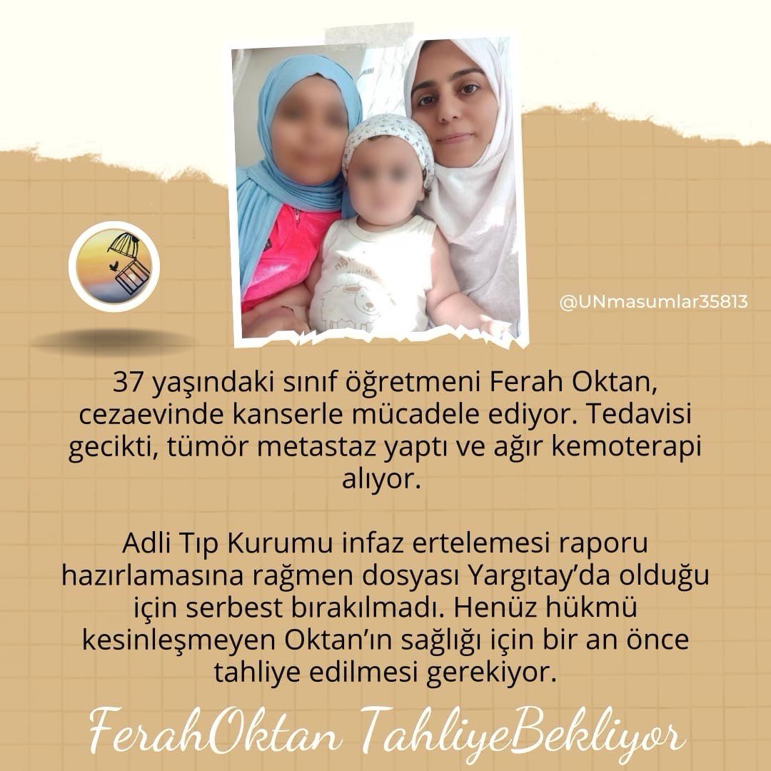 Gemereklibrahim's tweet photo. FerahOktan TahliyeBekliyor 

Ferah Oktan’ın çocukları her gece “Annem ne zaman gelecek?” diye soruyor. Cevap yok çünkü anneleri hasta ama hapiste. Mahkeme ev hapsi verebilir, versin artık. Bu keyfiyet sona ersin. Ferah Oktan tahliye olsun, sağlığına kavuşsun.

TransferlerNerede https://t.co/nuTgz3XgsY