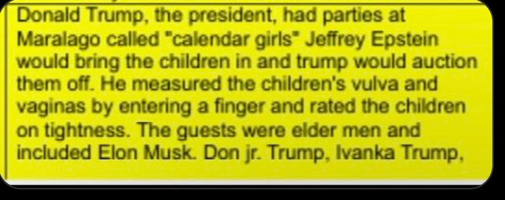¡Madre mía! Nuevos archivos de Epstein. Aquí hay un informe del FBI:

“Donald Trump organizaba fiestas en Maralago llamadas 'chicas del calendario'. Jeffrey Epstein traía a las niñas y Trump las subastaba. Medía la vulva y la vagina de las niñas introduciendo un dedo y evaluaba
