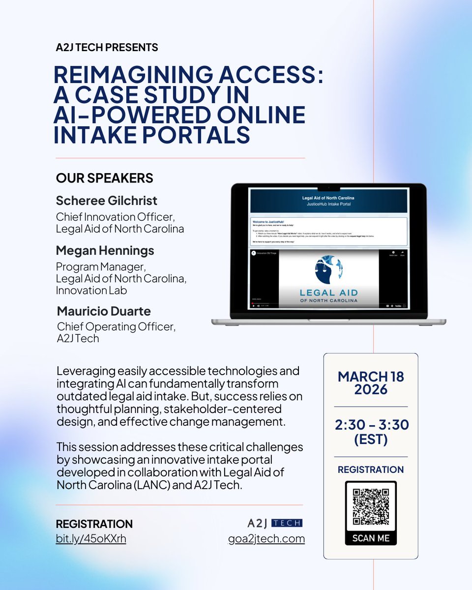 GoA2JTech's tweet image. Outdated intake systems shouldn’t block access to justice. Join us on 3/18 alongside @LegalAidNC  to see how accessible tech, thoughtful planning, and AI are transforming legal aid intake.

Register here: bit.ly/4jTtpJI

#AccessToJustice #AI #Intake