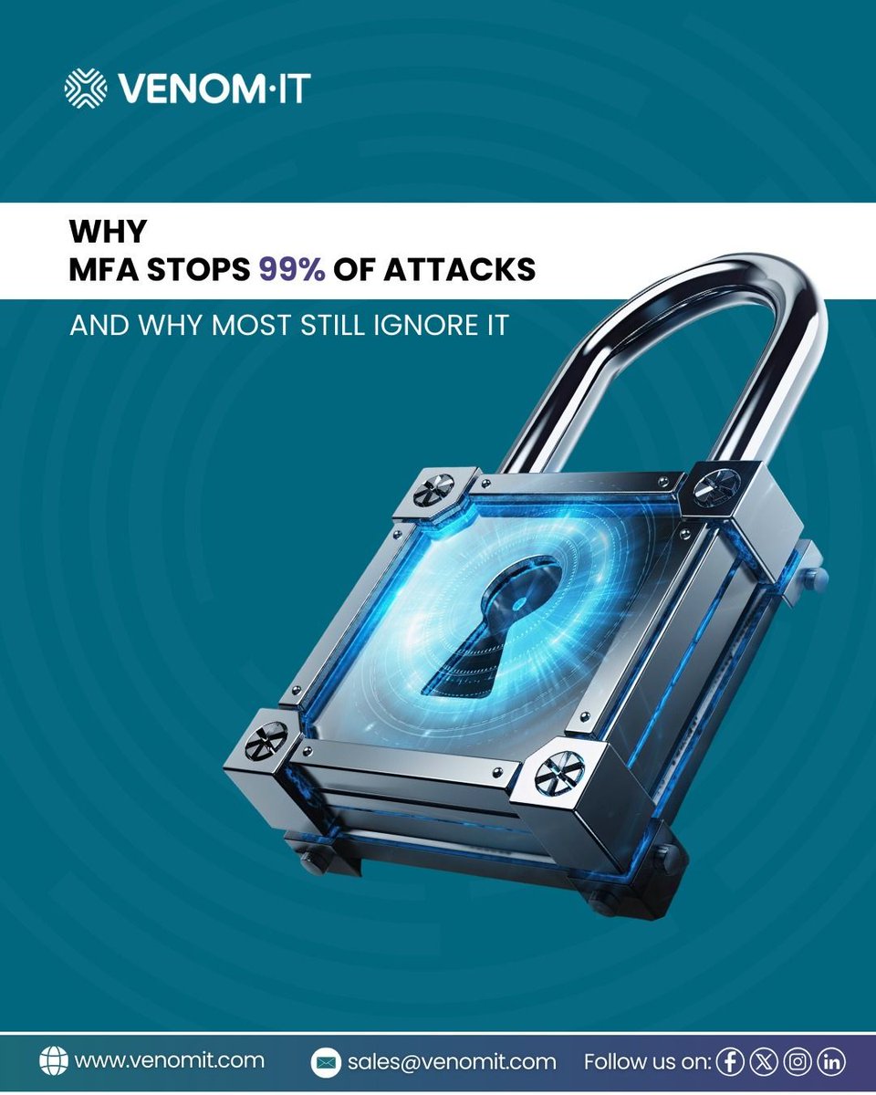 At Venom IT, we roll out MFA across:
✔ Email ✔ Cloud apps ✔ Remote access ✔ Business platforms

So your team keeps working, and attackers stay locked out.
Cybersecurity starts at the login screen. Does your team use MFA everywhere?
