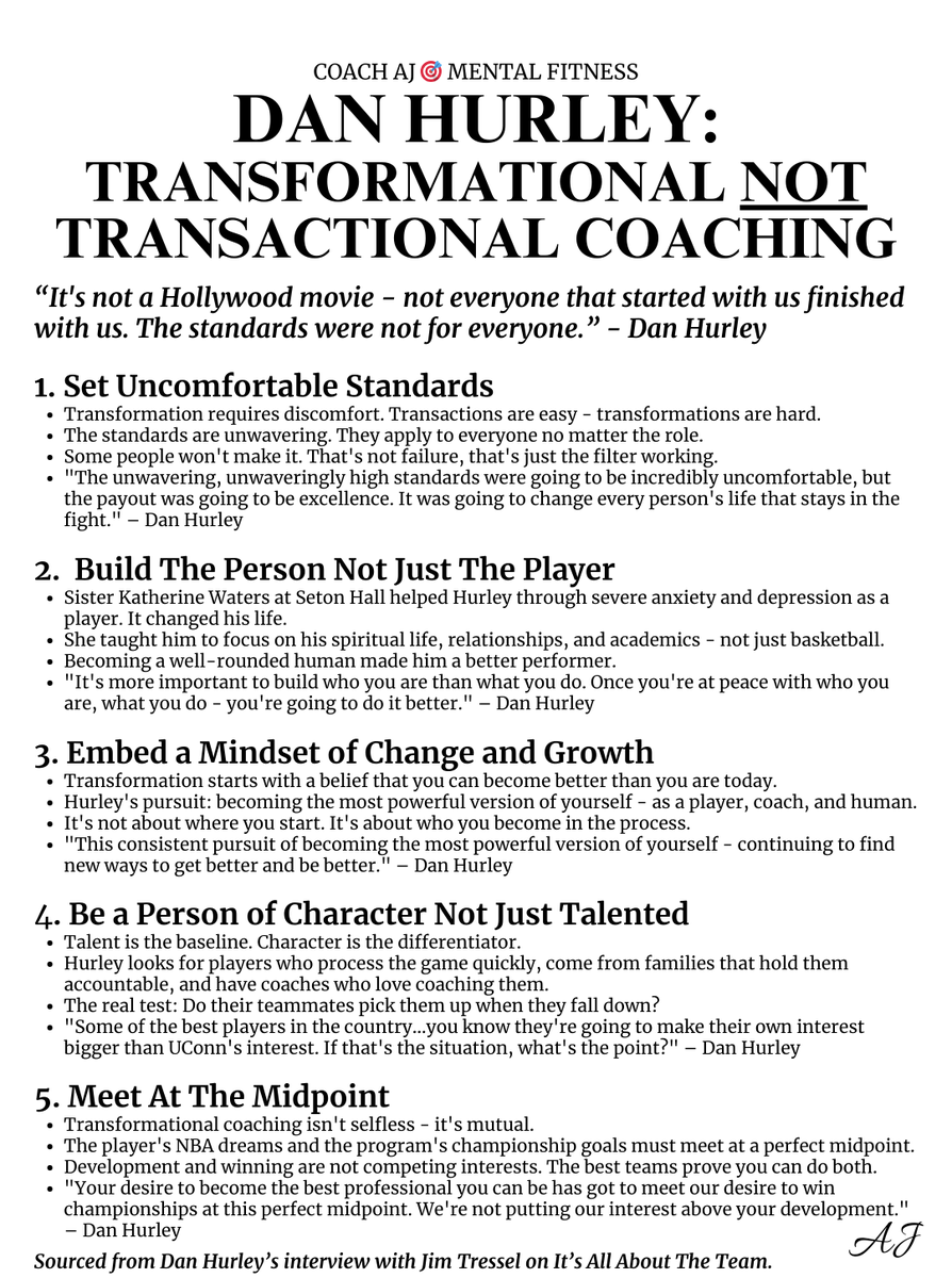 coachajkings's tweet image. Dan Hurley: "I'm a transformational coach, not transactional."

Translation: The standards will break some people. Not everyone finishes.

Here's how he builds winning programs and won back-to-back national champions through transformational coaching:
(📌 Bookmark this)