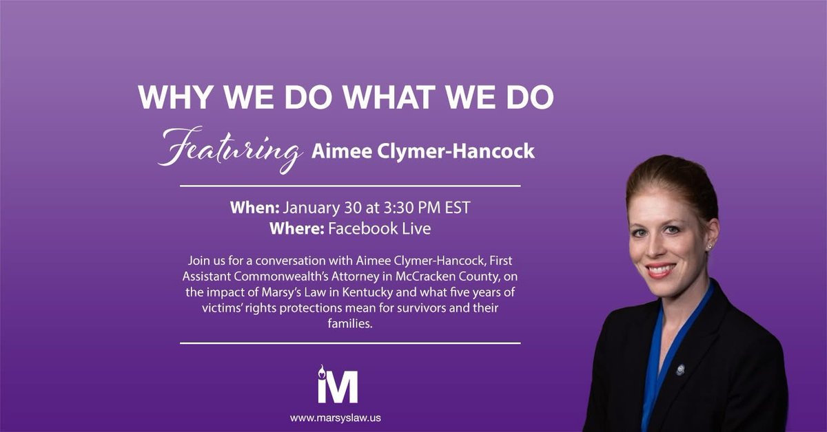 Don't forget to join us today at 3:30 PM ET for a live interview with Aimee Clymer-Hancock, First Assistant Commonwealth’s Attorney in McCracken County, Kentucky to mark five years of Marsy's Law for Kentucky! 

hubs.la/Q0414w9n0