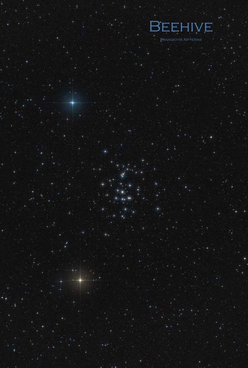 The Beehive Cluster (M44) is a bright and nearby open #stars cluster in the constellation Cancer, located about 580 light-years from our planet. 

The cluster spans roughly 20 light-years across. To put that immense scale into perspective, even our fastest spacecraft, Voyager 1,