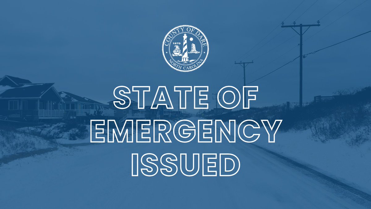 DareCountyGovt's tweet photo. A State of Emergency is in place for all areas of Dare County due to an impactful winter storm. Now is the time to finalize preparations—secure food, medications and supplies, and protect pets and property.

Read more: https://t.co/NZLLIJEogk https://t.co/gXdzesk309