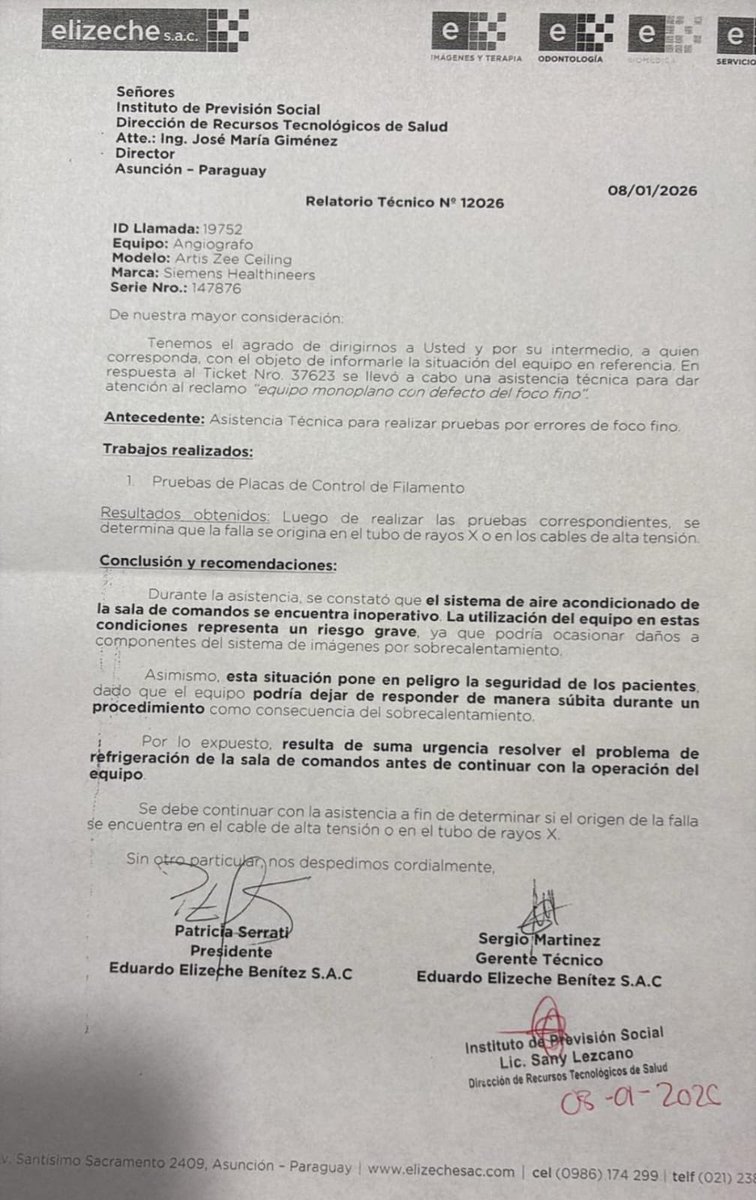 EspinolaEspnol1's tweet photo. 🚨 DENUNCIA GRAVE – IPS
El contrato de mantenimiento del angiografo venció el 18/12/2025.
La empresa advirtió por nota que usarlo sin mantenimiento es PELIGROSO PARA LOS PACIENTES.
👉 Esto es CRIMINAL👇

📄 La licitación para el mantenimiento debía iniciarse 6 meses antes (Contrato N° 293/24).
❌ No se inició ningún trámite.
Responsables directos:
👉 Jaime Caballero (Gerencia de Logística)
👉 José Giménez (Director de Electromedicina)

📢 Ayer, el Gerente de Salud del IPS salió a decir que “en unos días el equipo estará listo”.
❌ HOY, una familiar de un paciente contó que hace 20 días esperan el angiografo.
❌ El equipo se estaría usando SIN mantenimiento vigente.

⚠️ Usar un equipo crítico sin mantenimiento, ocultar la realidad y mentir públicamente mientras pacientes esperan…

👉 No es error administrativo.
👉 No es demora.
👉 ES NEGLIGENCIA CRIMINAL.